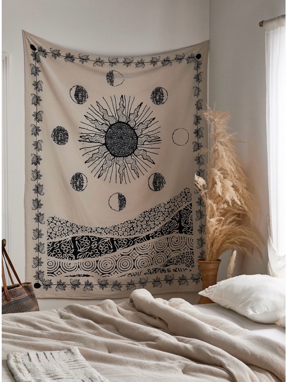 Urban Outfitters Beige and Black Celestial Sun & Moon Tapestry